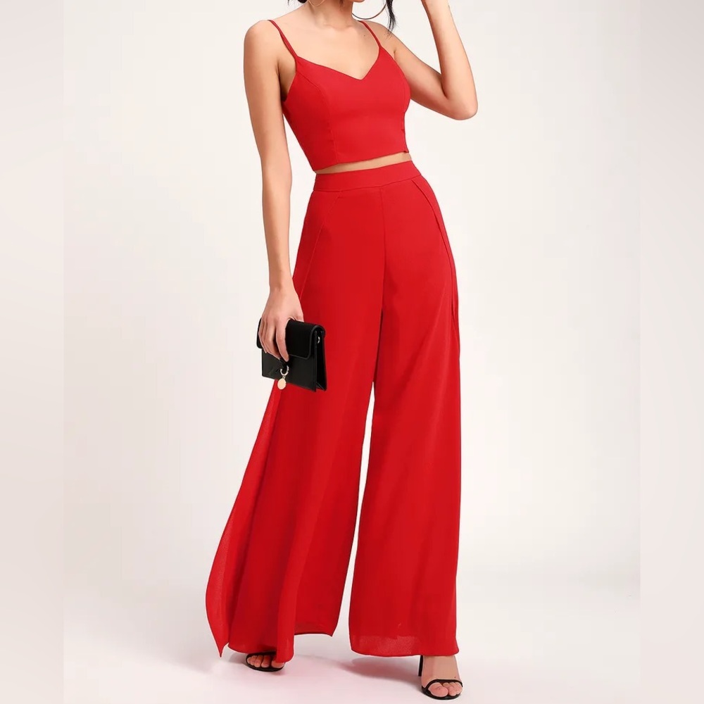 Lulus High Waisted Wide Leg Red Two-Piece Jumpsuit